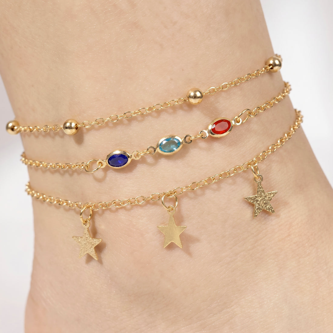 PRAO 3 Anklet Anti-Tarnish Set With Star Charms And Gemstone Accents (Color May Vary)