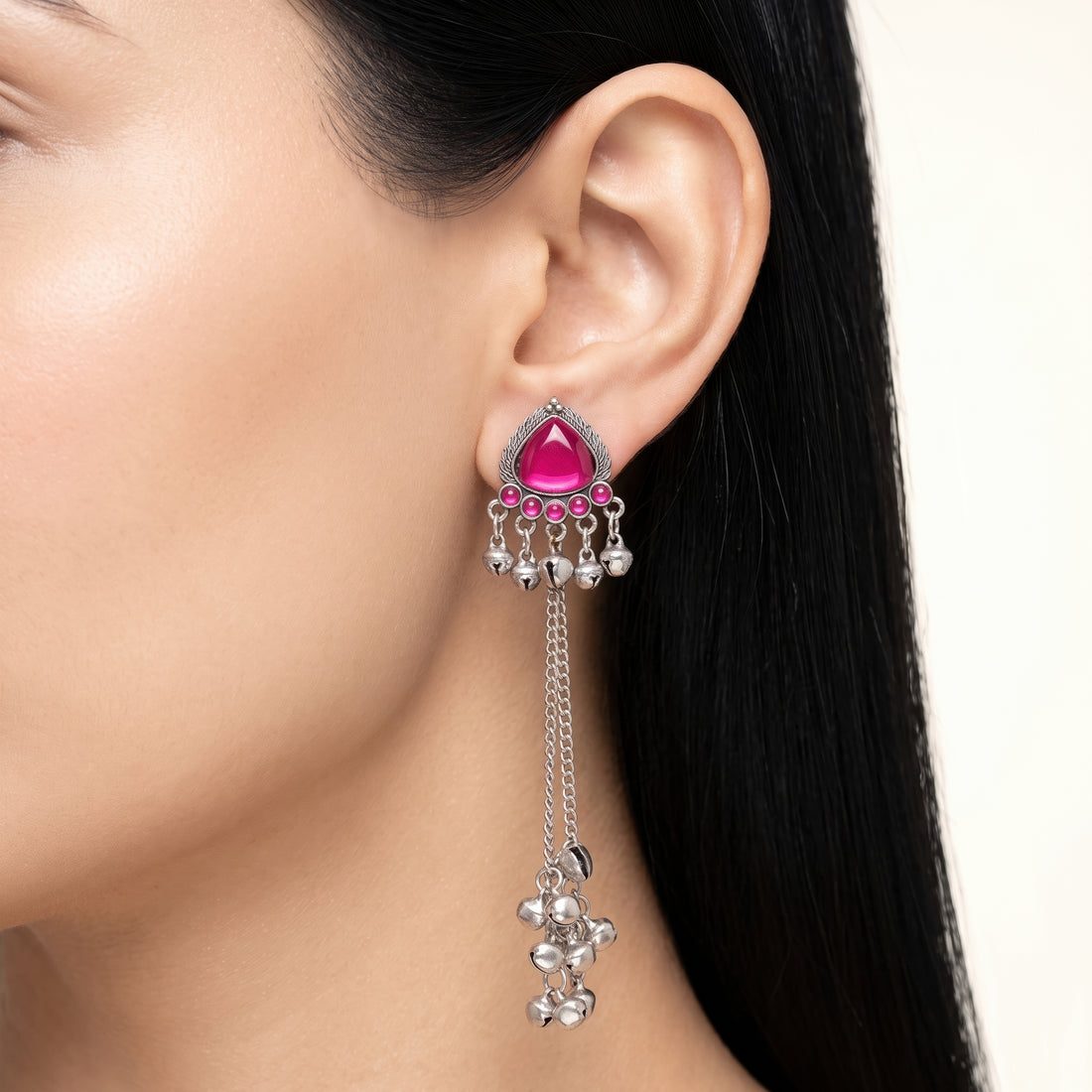 PRAO Earrings Anti-Tarnish Pink Stone Ghungroo Dangles