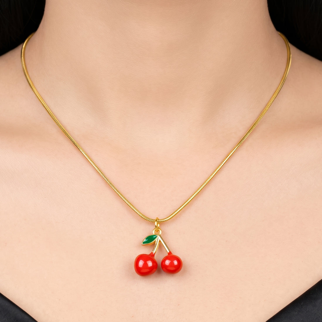 PRAO Necklace Anti-Tarnish Glossy Red Cherry Pendant