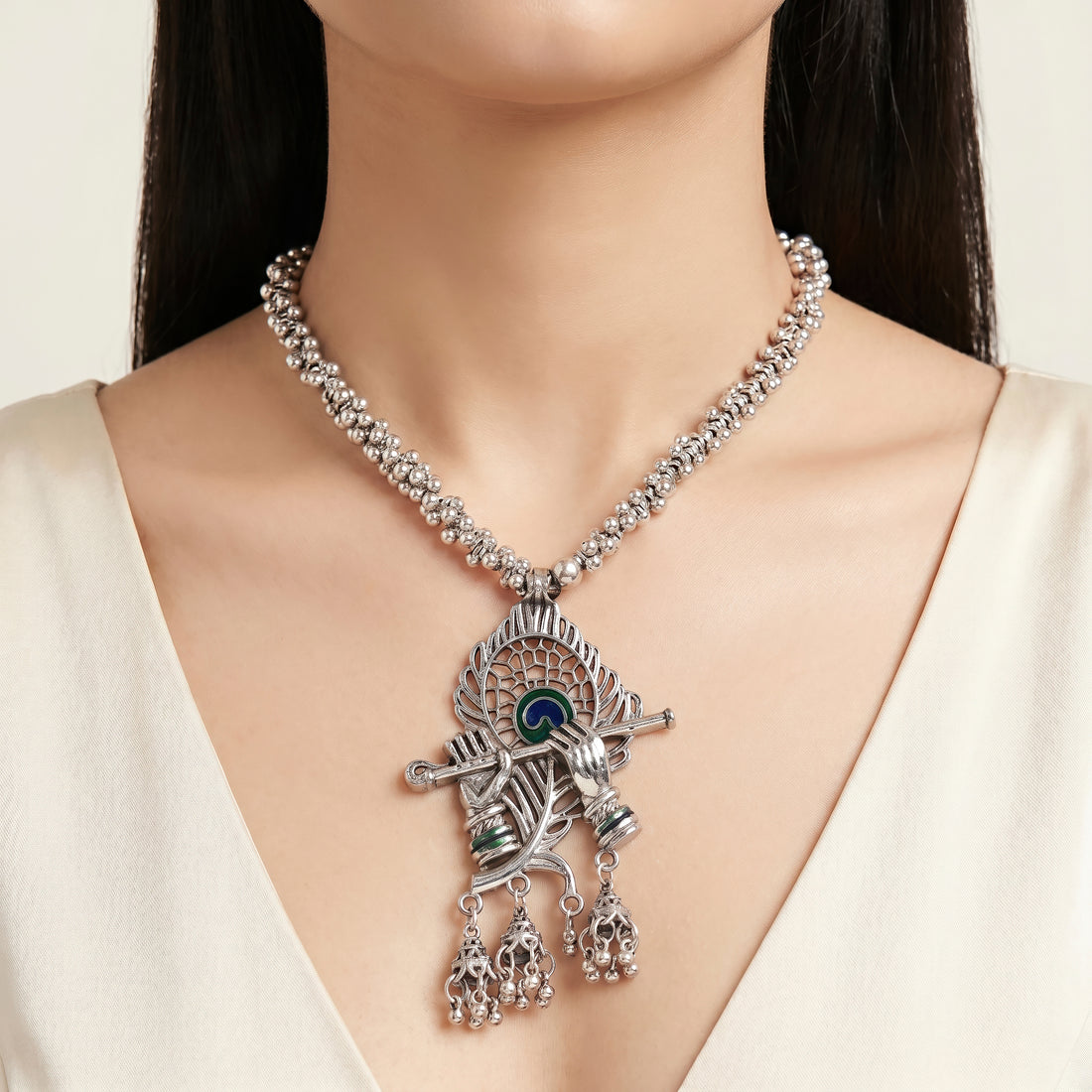 PRAO Necklace Anti-Tarnish Krishna Flute Oxidized Set With Earrings