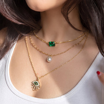 PRAO Necklace Anti-Tarnish Gold Plated Triple-Layer Evil Eyes, Pearl & Emerald Set