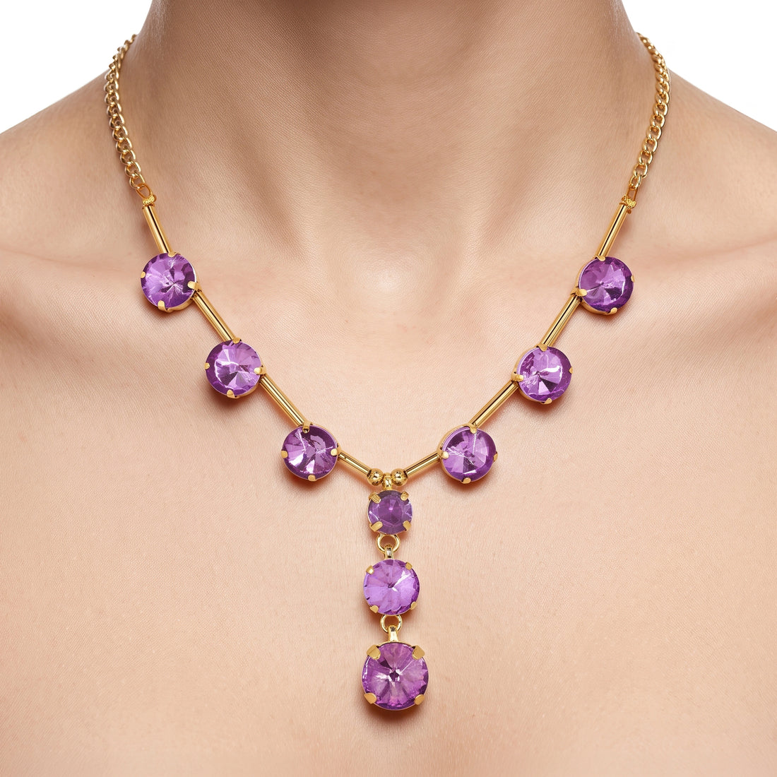 PRAO Necklace Anti-Tarnish Purple Crystal Bar