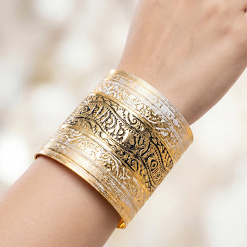 PRAO Bracelet Anti-Tarnish Black White Floral Geometric Cuff (Adjustable Size)