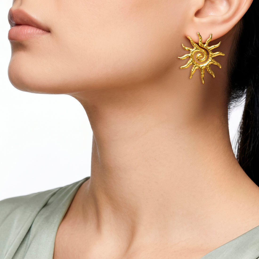 PRAO Earrings Anti-Tarnish Radiant Sunburst With Spiral Center