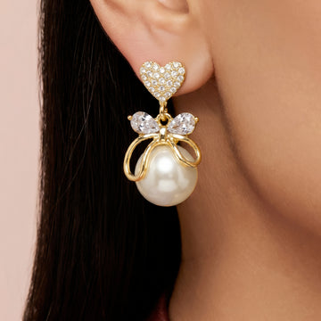 PRAO Earrings Anti-Tarnish Heart Bow Faux Pearl Studs