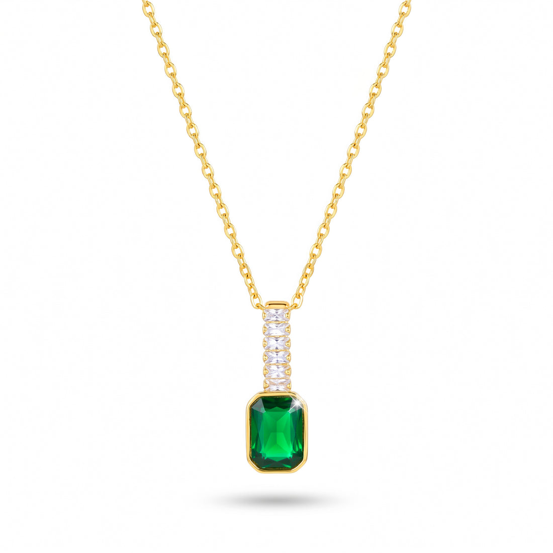 PRAO Necklace Anti-Tarnish Baguette Chain & Emerald Crystal Pendant