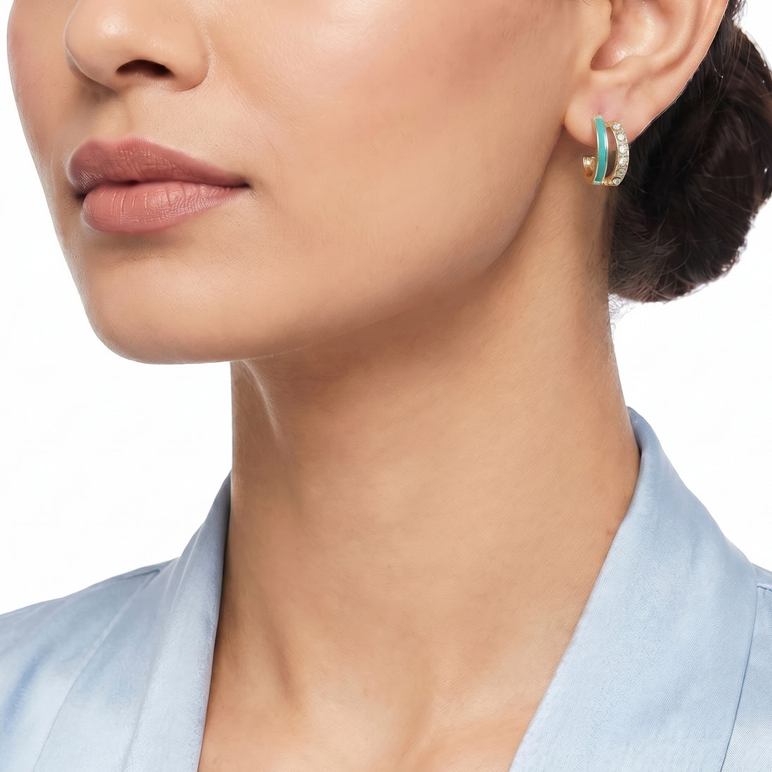 PRAO Earrings Anti-Tarnish Aqua Crystal Double Hoops