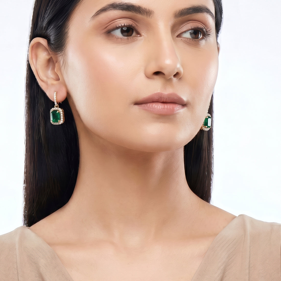 PRAO Earrings Anti-Tarnish Emerald Halo Crystal