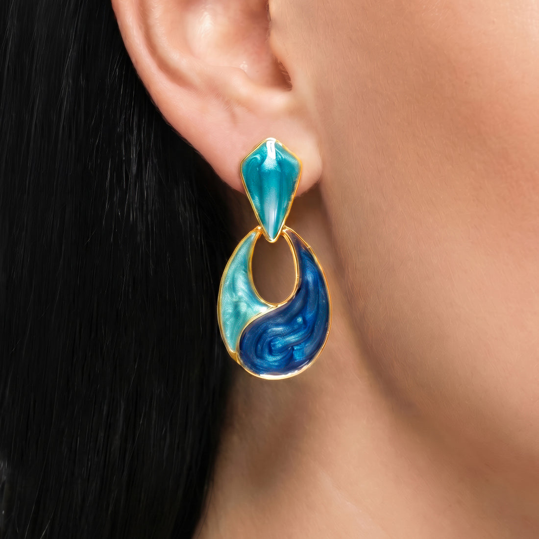 PRAO Earrings Anti-Tarnish Drop With Teal And Navy Marbled Enamel