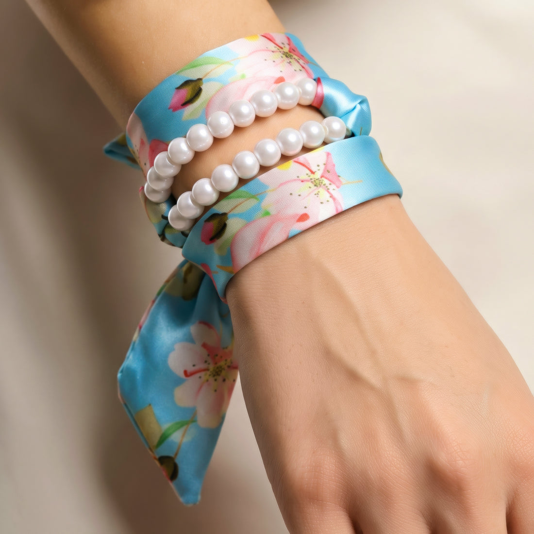 PRAO Necklace Cum Bracelet Anti-Tarnish Turquoise Satin Floral With Pearl Loop Accent