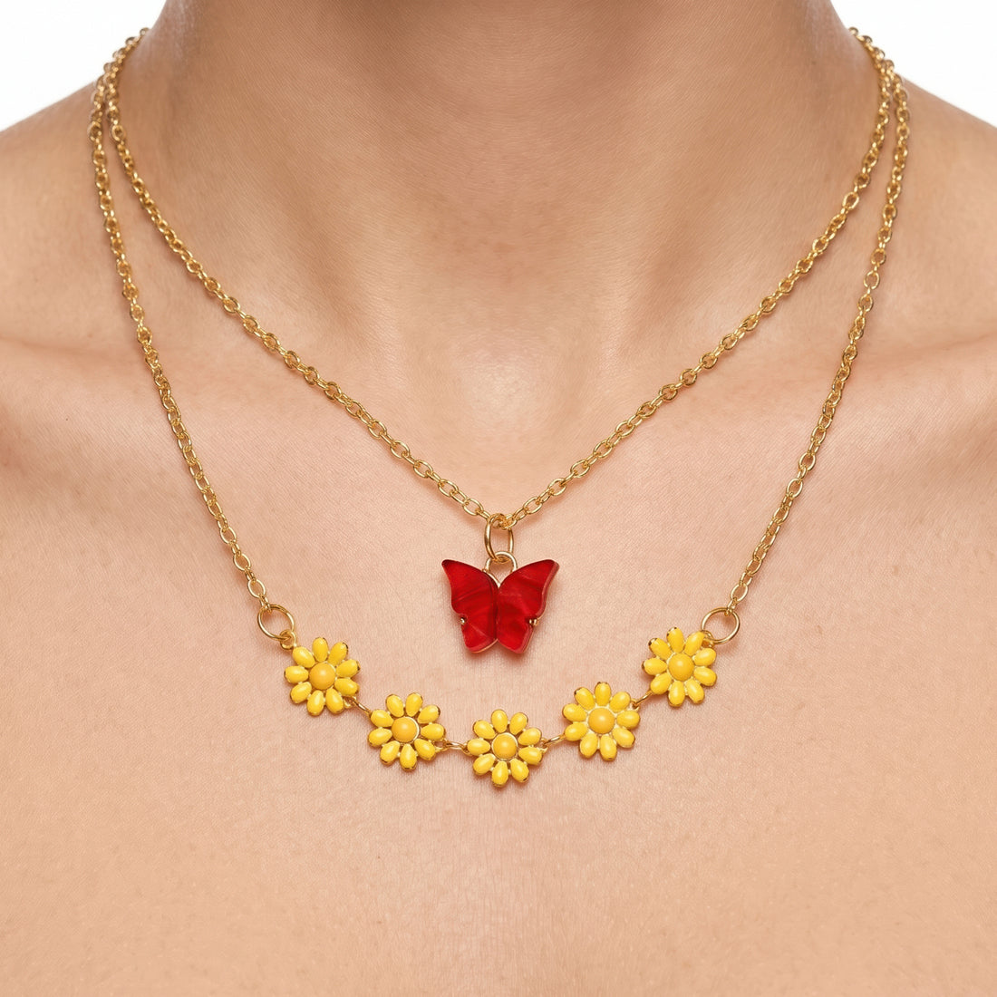 PRAO Necklace Anti-Tarnish Butterfly & Daisy Charm Chain
