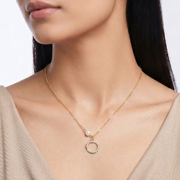 PRAO Necklace Anti-Tarnish Crystal Circle Pearl