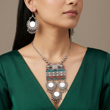 PRAO Necklace Anti-Tarnish Oxidised Geometric Enamel Mirror Set With Earrings