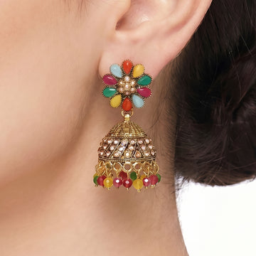 PRAO Earrings Anti-Tarnish Multi-Stone Floral Jhumka