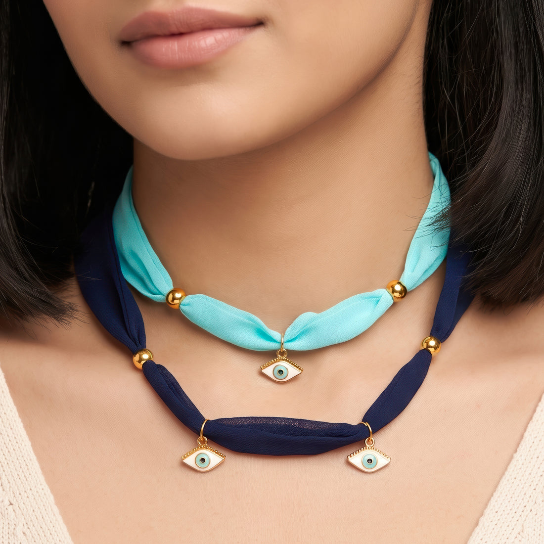 PRAO Necklace Cum Bracelet Anti-Tarnish Double-Layered Fabric Chain With Evil Eye Charms And Spacer Beads