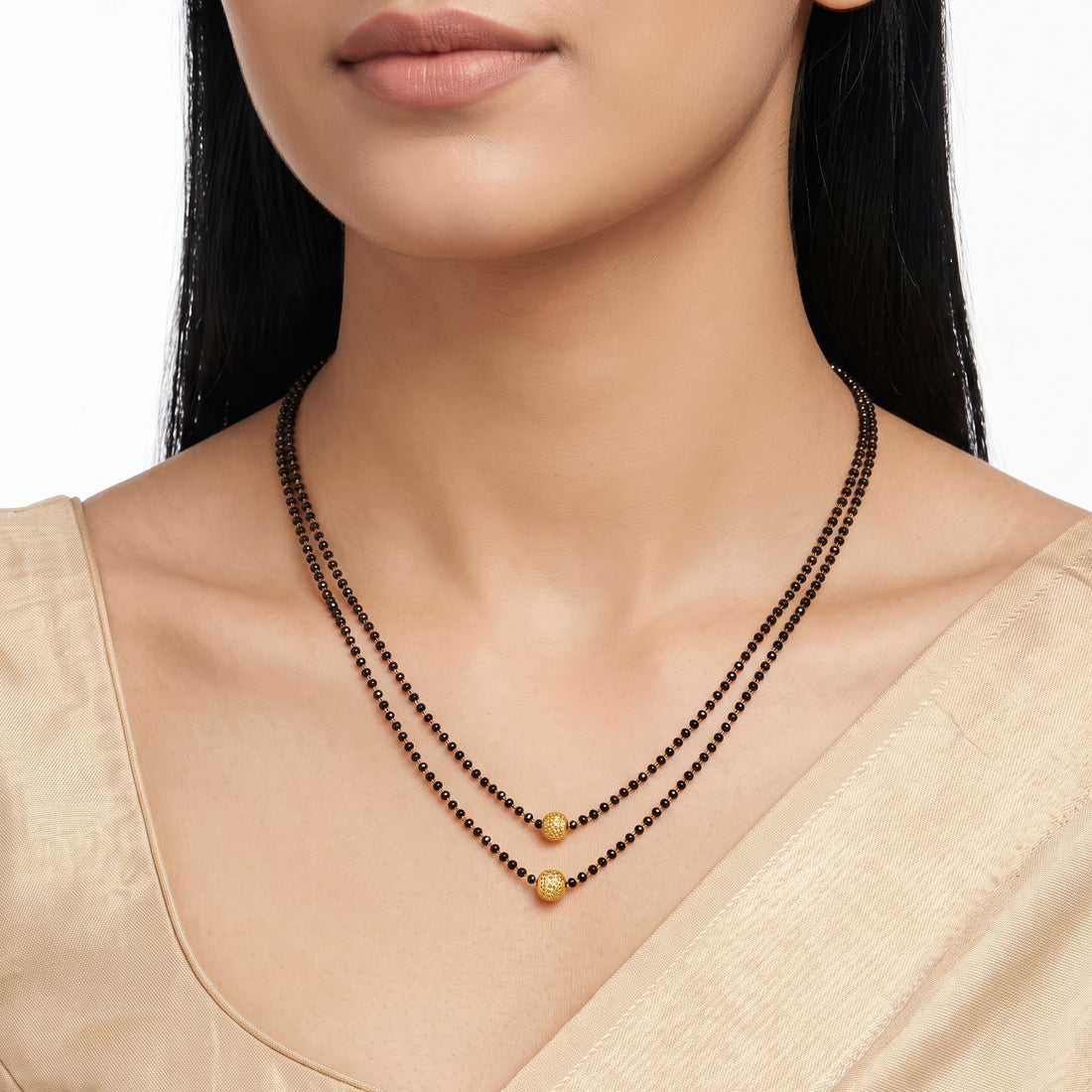 PRAO Necklace Anti-Tarnish Double-Strand Black Bead Mangalsutra With Textured Round Bead Accents
