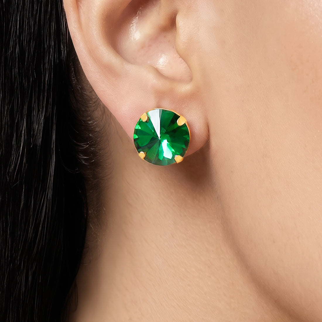 PRAO Earrings Anti-Tarnish Oversized Round Emerald Crystal Studs