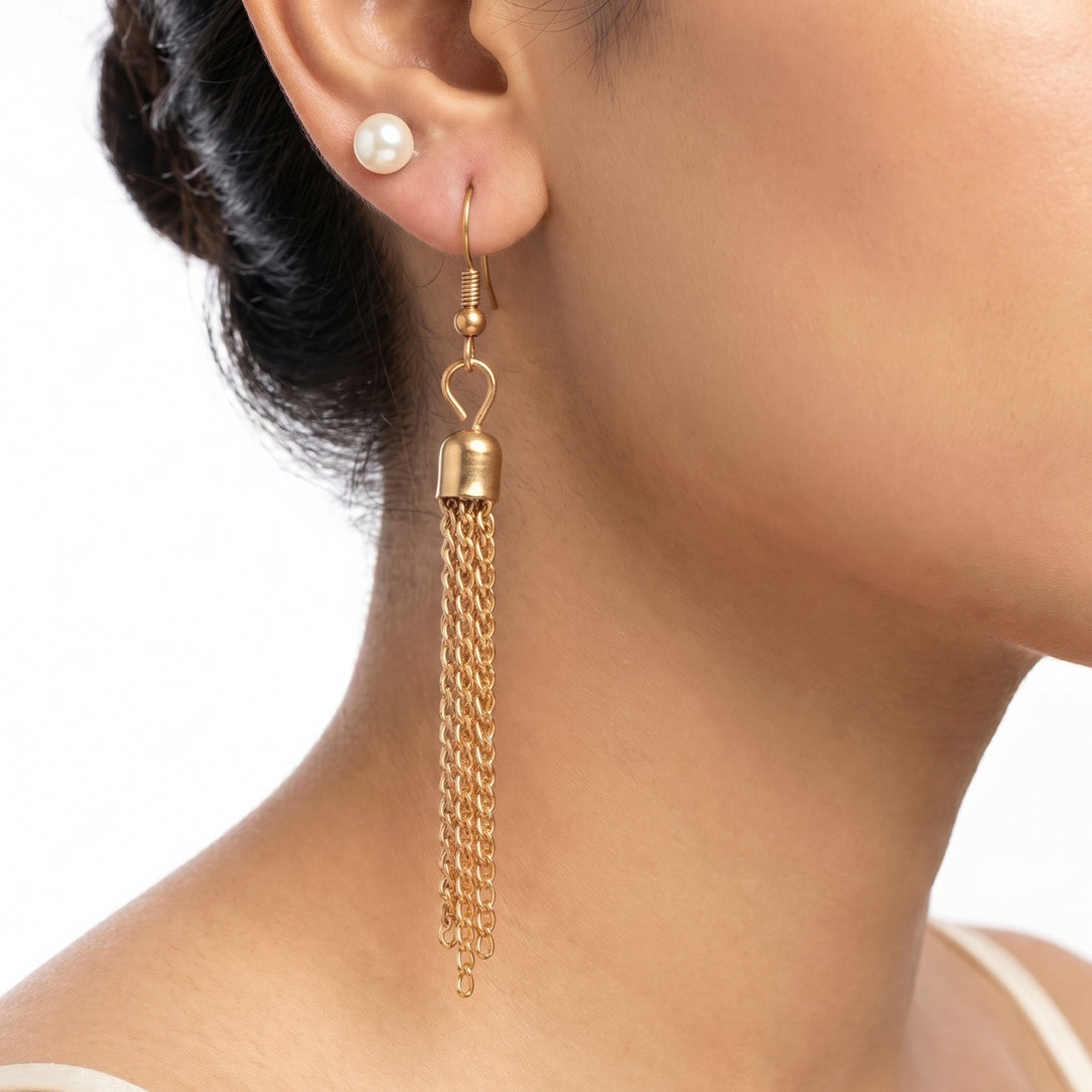 PRAO 2 Earrings Anti-Tarnish Chain Tassel & Faux Pearl Studs Set