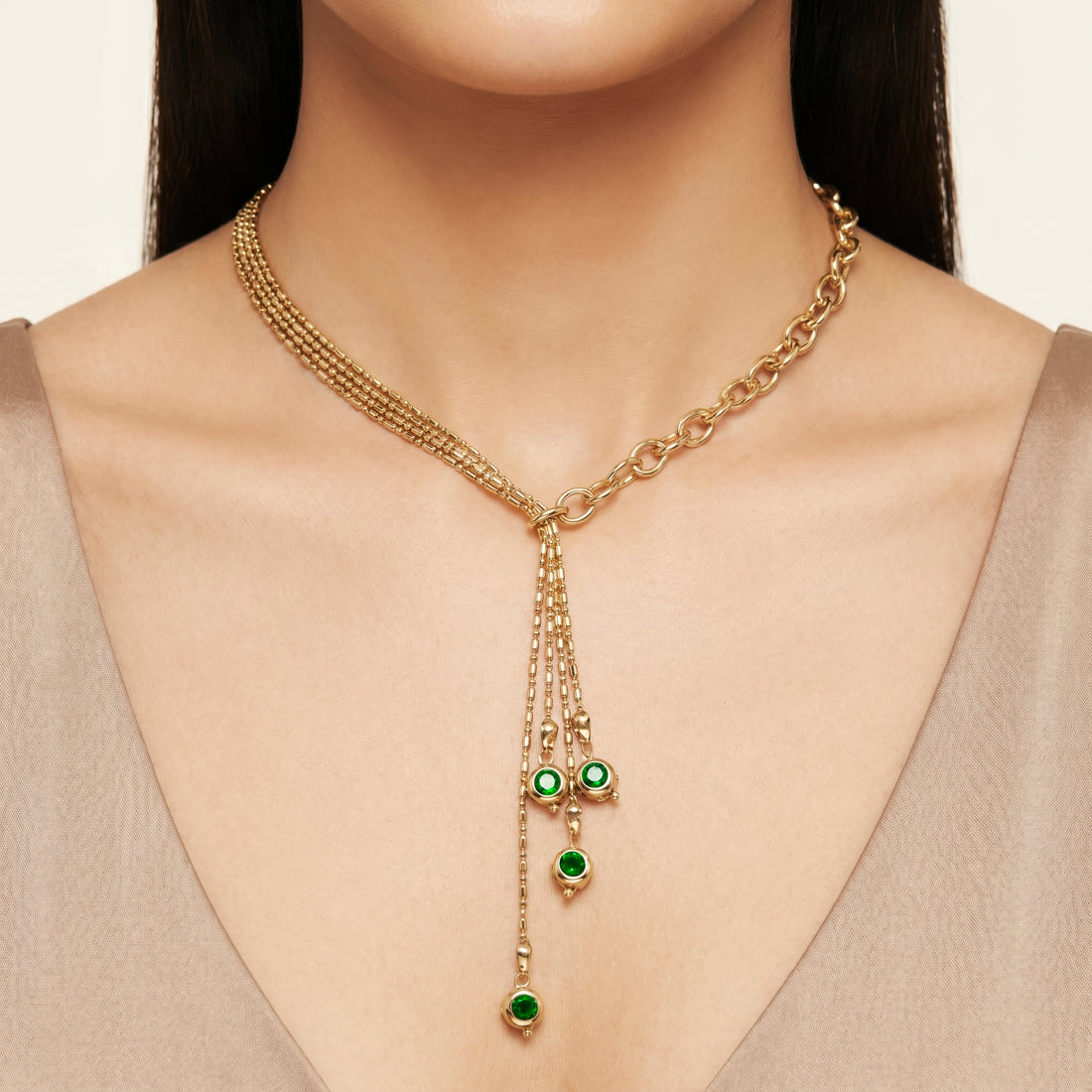 PRAO Necklace Anti-Tarnish Gold Plated Y-Shape With Emerald Crystal Accents