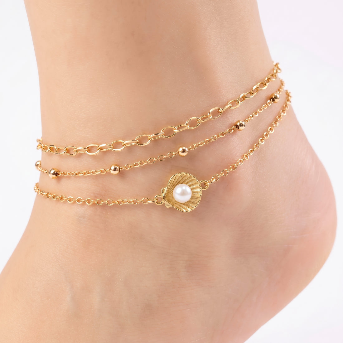 PRAO 3 Anklet Anti-Tarnish Layered With Seashell Charm And Pearl Inlay