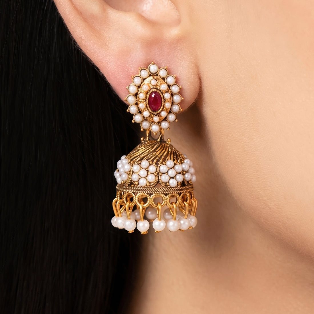 PRAO Earrings Anti-Tarnish Pearl Red Jhumka