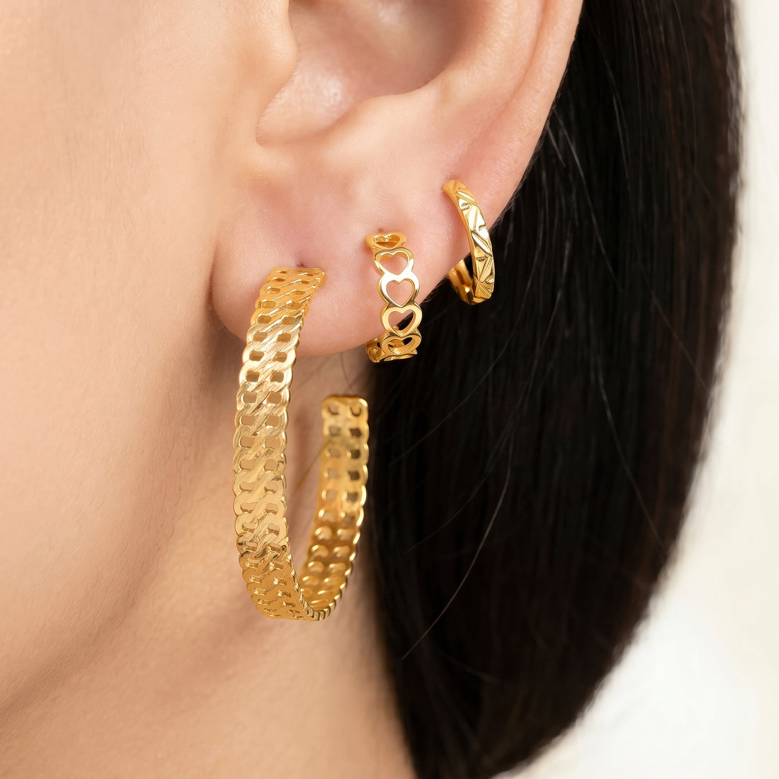 PRAO 3 Earrings Anti-Tarnish Chain Link Hoop Set With Heart Huggies