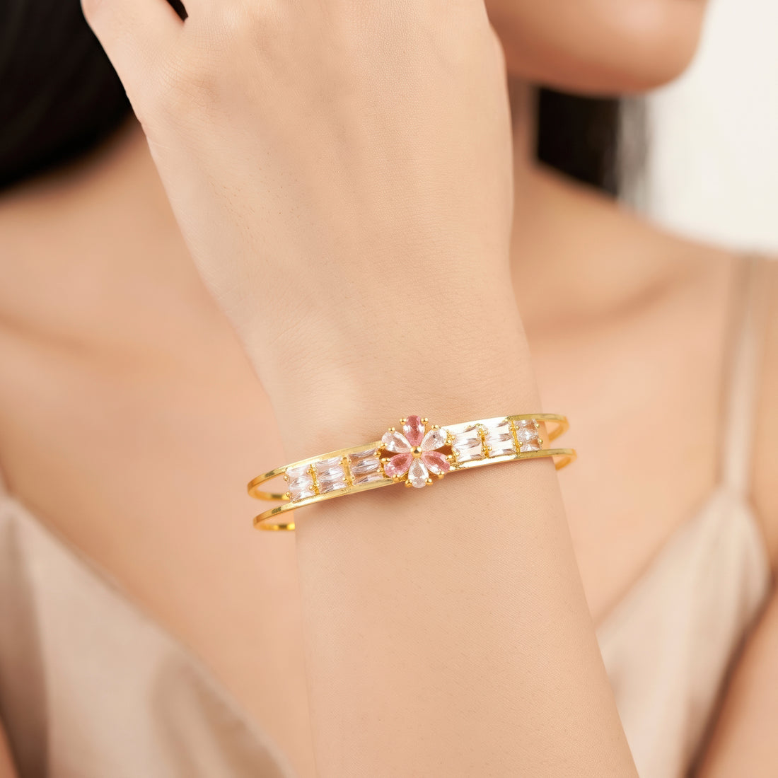 PRAO Bracelet Anti-Tarnish Double-Band Floral Stone Bangle With Rectangular Crystal Accents (Adjustable Size)