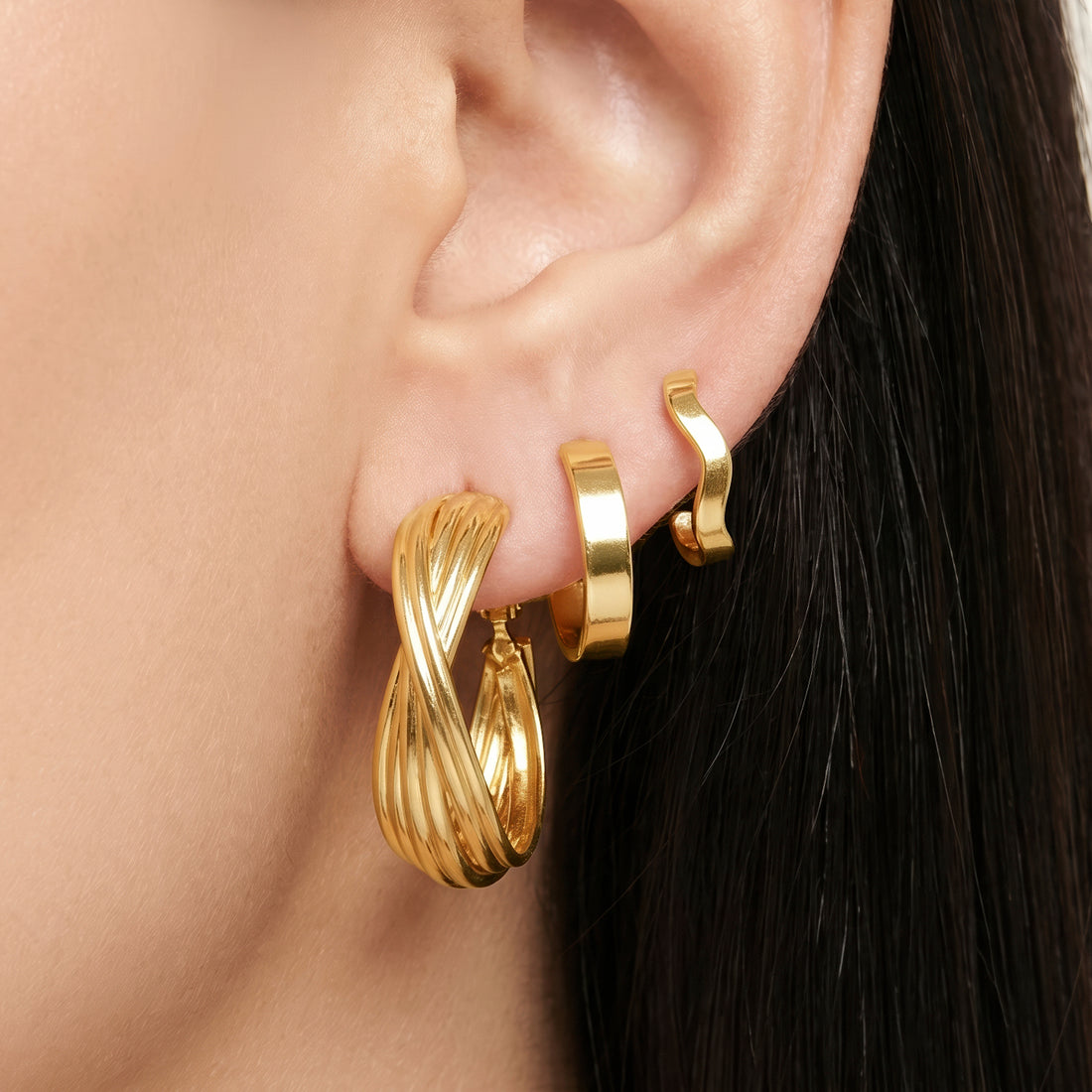 PRAO 3 Earrings Anti-Tarnish Ribbed Hoop Set With Wavy And Flat Huggies