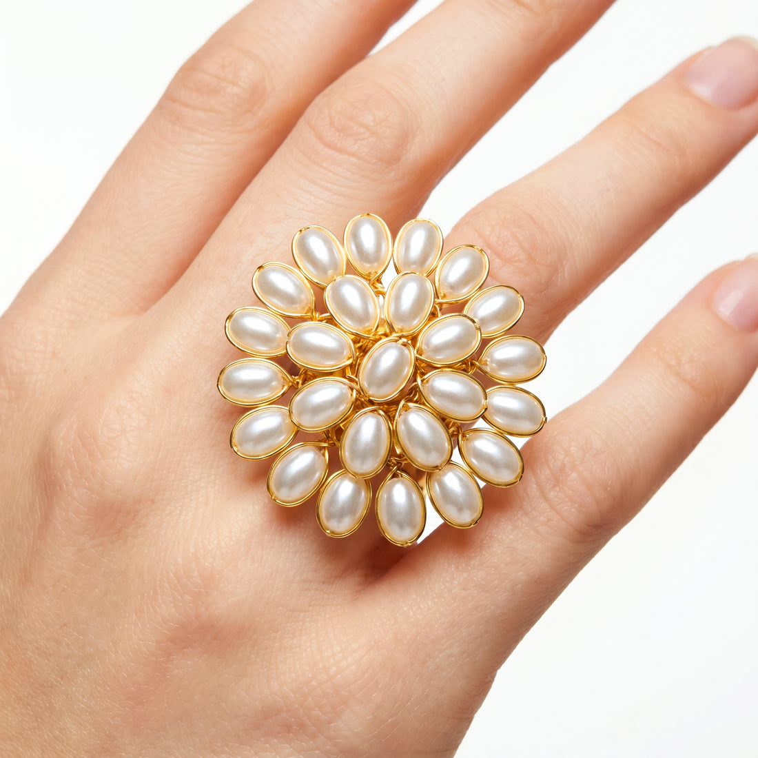PRAO Ring Anti-Tarnish Flower With Faux Pearl Petals (Adjustable Size)