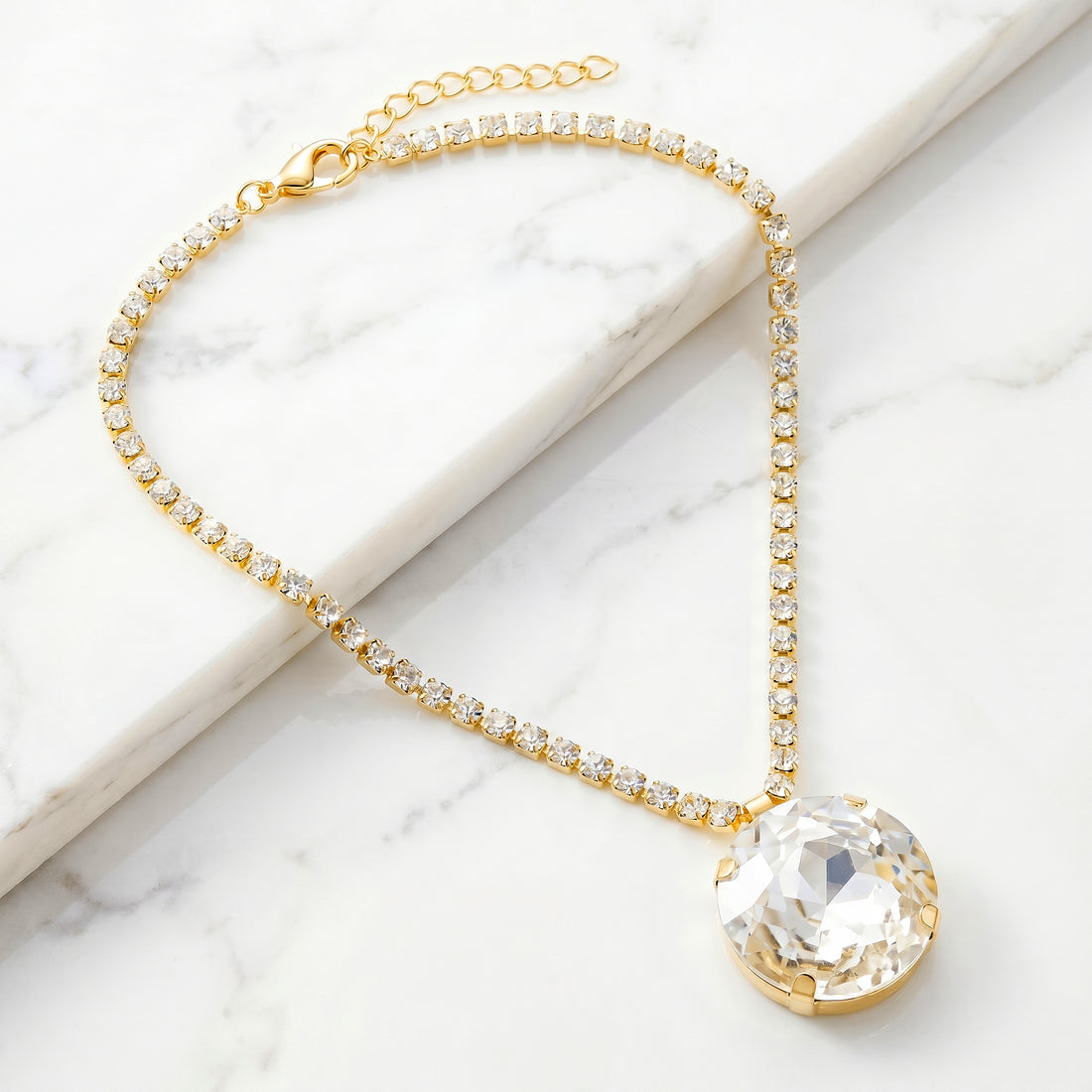 PRAO Necklace Anti-Tarnish Oversized Round Crystal White Pendant
