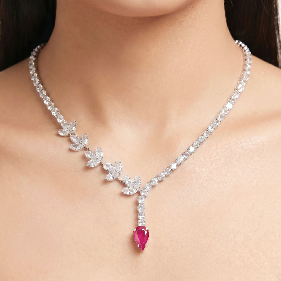 PRAO Necklace Anti-Tarnish Pink Crystal Tennis Y-Set With Earrings