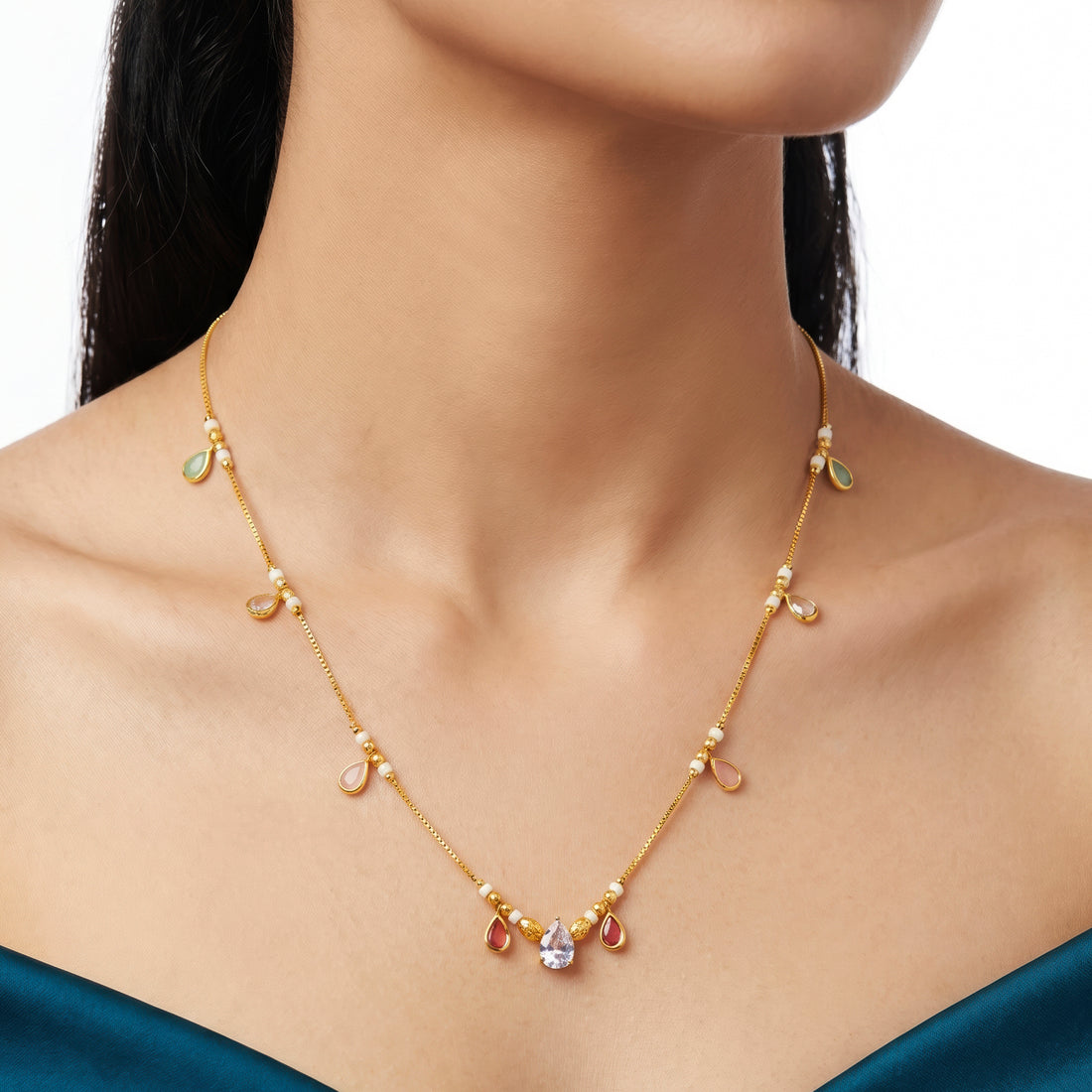 PRAO Necklace Anti-Tarnish Pink Teardrop Beads With Clear Crystal Charm