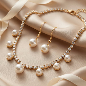 PRAO Necklace Anti-Tarnish Rhinestone And Faux Pearl Set With Earrings