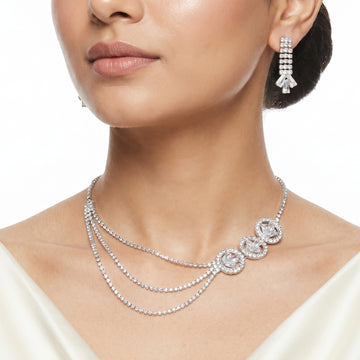 PRAO Necklace Anti-Tarnish Multi-Strand Rhinestone Set With Earrings