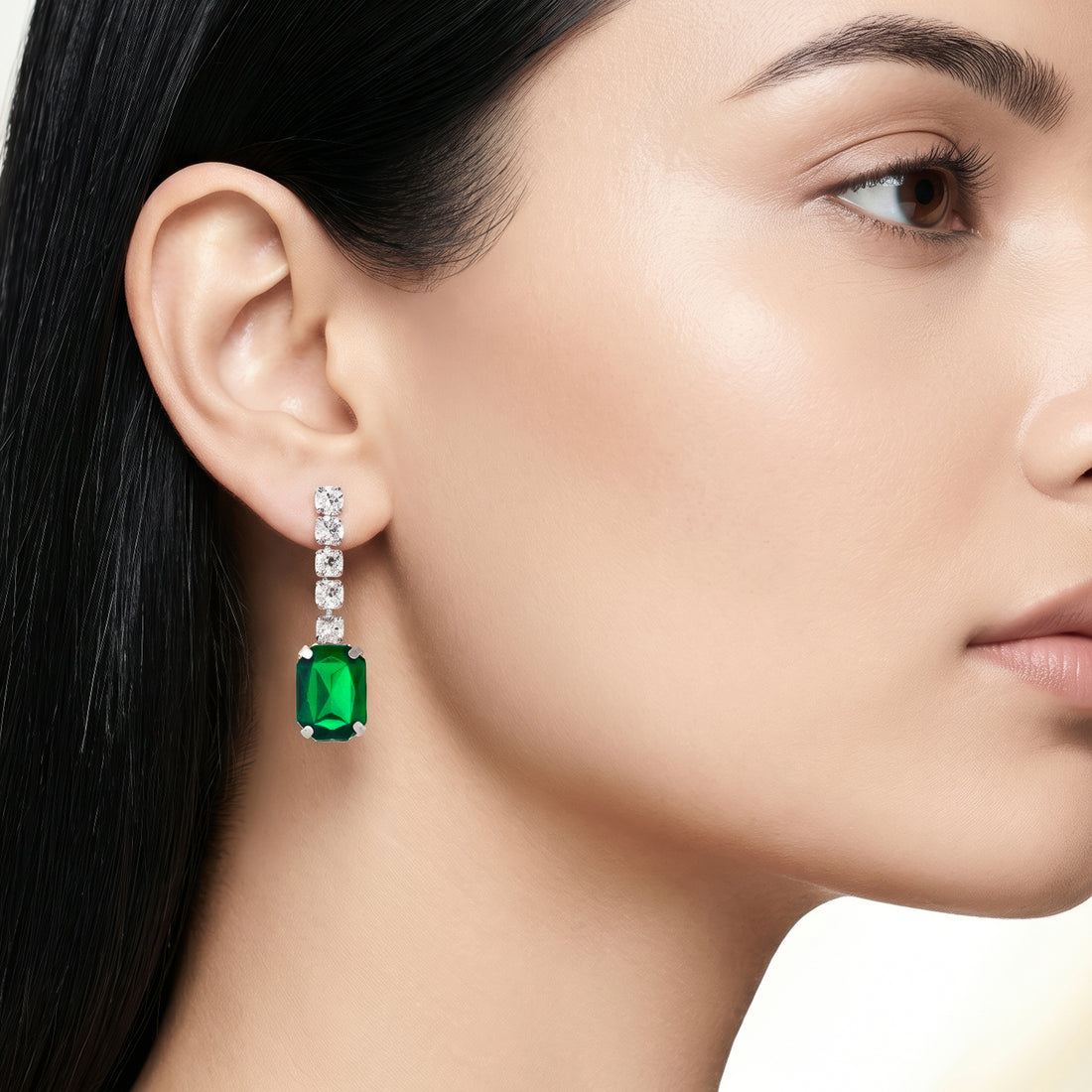 PRAO Earrings Anti-Tarnish Emerald Rectangular Crystal Dangles