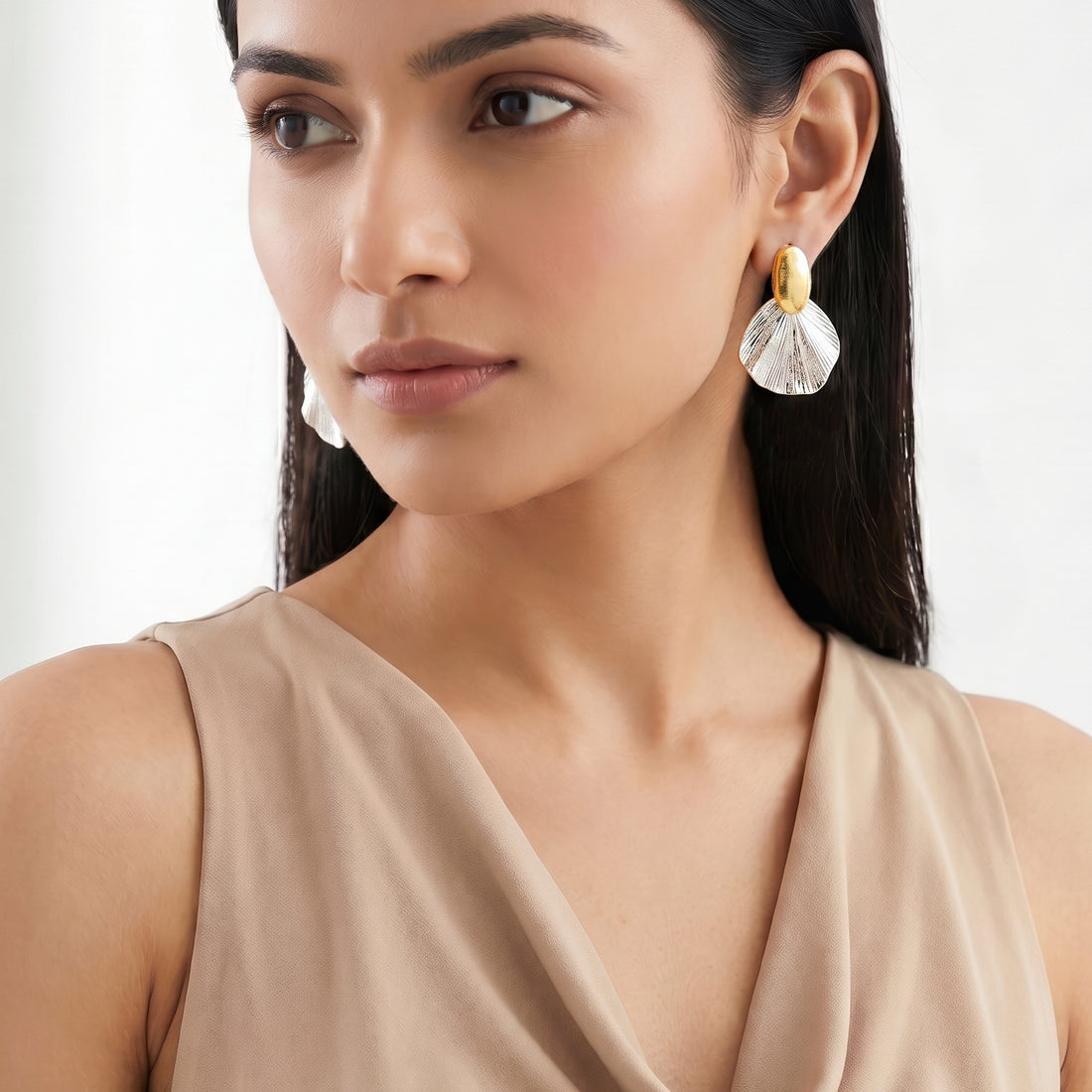 PRAO Earrings Anti-Tarnish Dual-Tone Shell Motif Drop With Textured Petal
