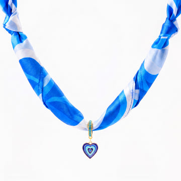 PRAO Scarf Necklace Blue And White Silk With Heart Pendant