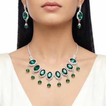 PRAO Necklace Anti-Tarnish Oval Emerald Crystal Set With Earrings