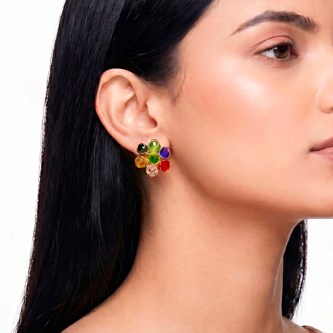 PRAO Earrings Anti-Tarnish Multi-Color Crystal Flower Studs