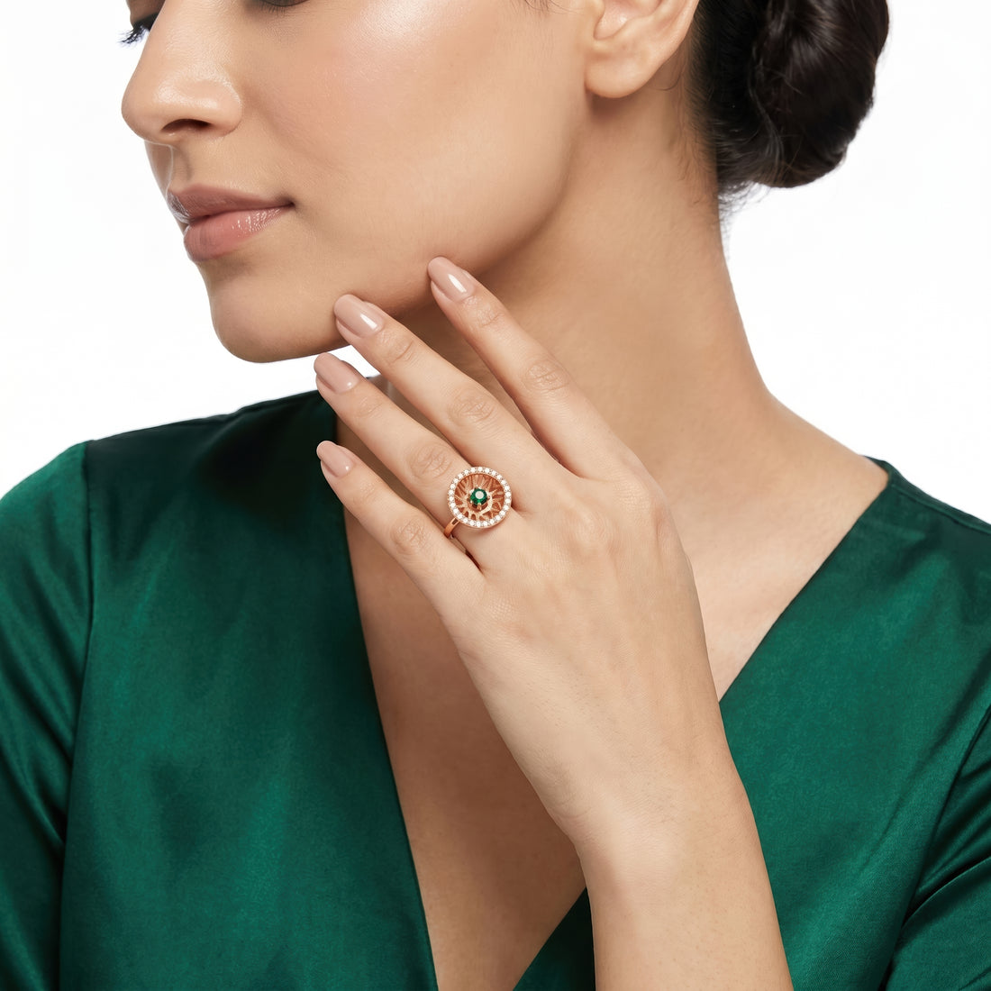 PRAO Ring Anti-Tarnish Basket Setting Green Crystal (Adjustable Size)
