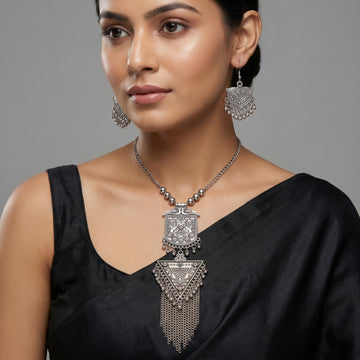 PRAO Necklace Anti-Tarnish Oxidised Tassel Set With Earrings