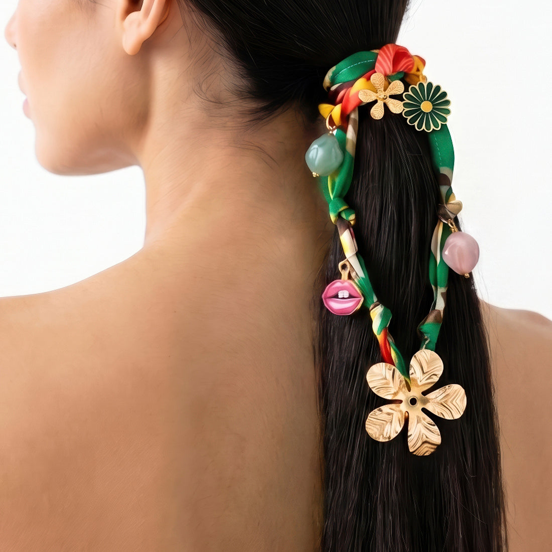 PRAO Necklace Cum Bracelet Anti-Tarnish Layered Printed Fabric Colorful With Golden Flower Charm