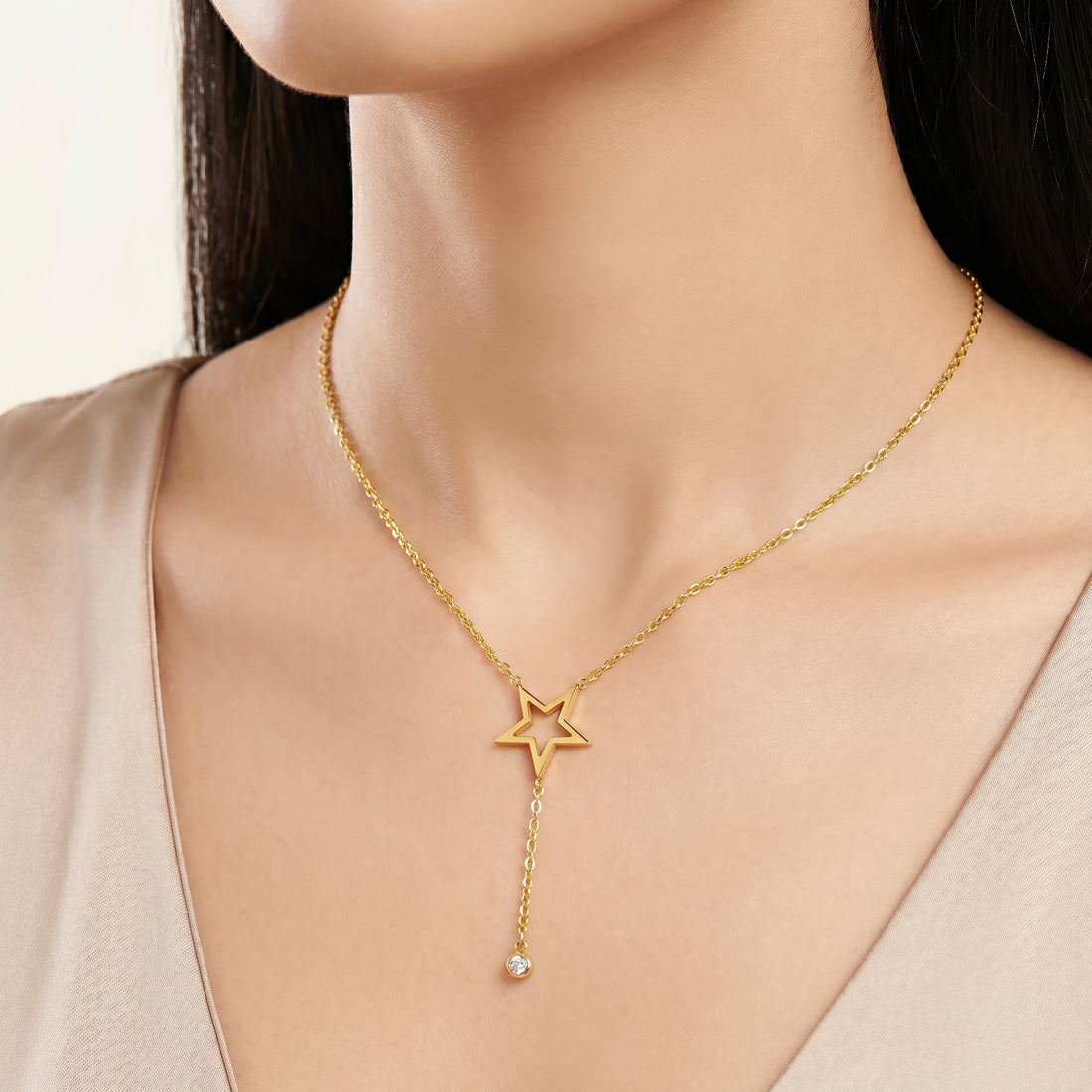 PRAO Necklace Anti-Tarnish Lariat With Star Pendant And Crystal Bead