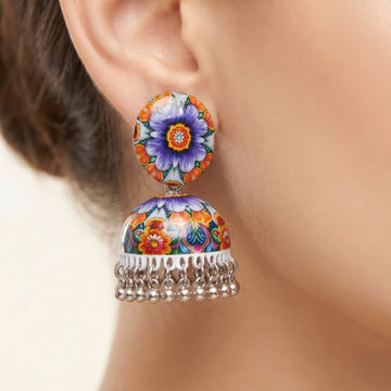 PRAO Earrings Anti-Tarnish Purple Multi-Color Floral Printed Jhumki