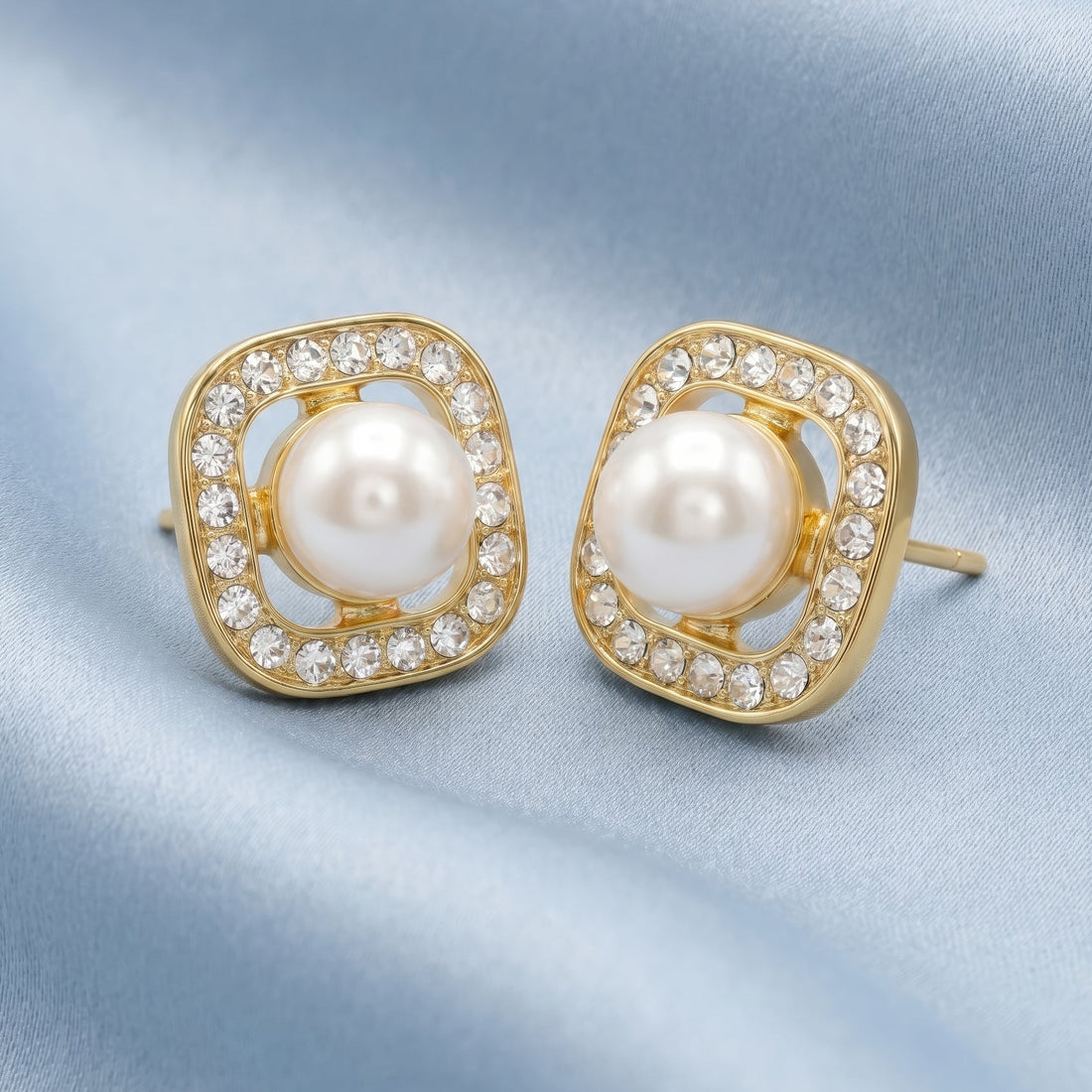 PRAO Earrings Anti-Tarnish Minimalist Square AD And Pearl Studded