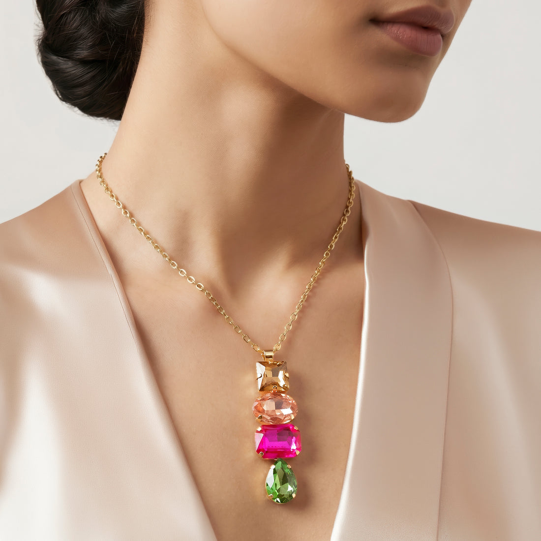 PRAO Necklace Anti-Tarnish Long Multicolor Pendant Necklace With Mixed Shapes