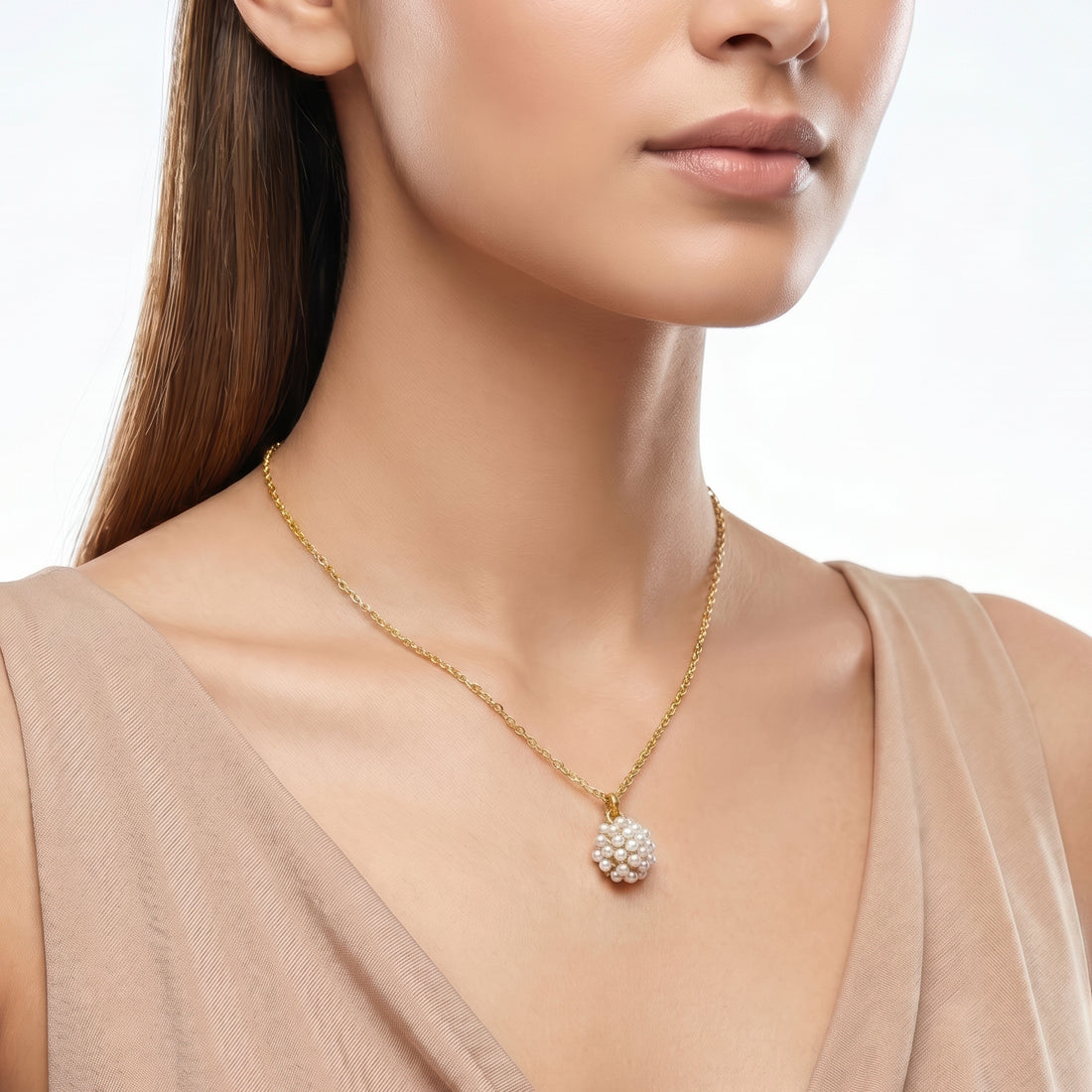 PRAO Necklace Anti-Tarnish Faux Pearl Floral Pendant