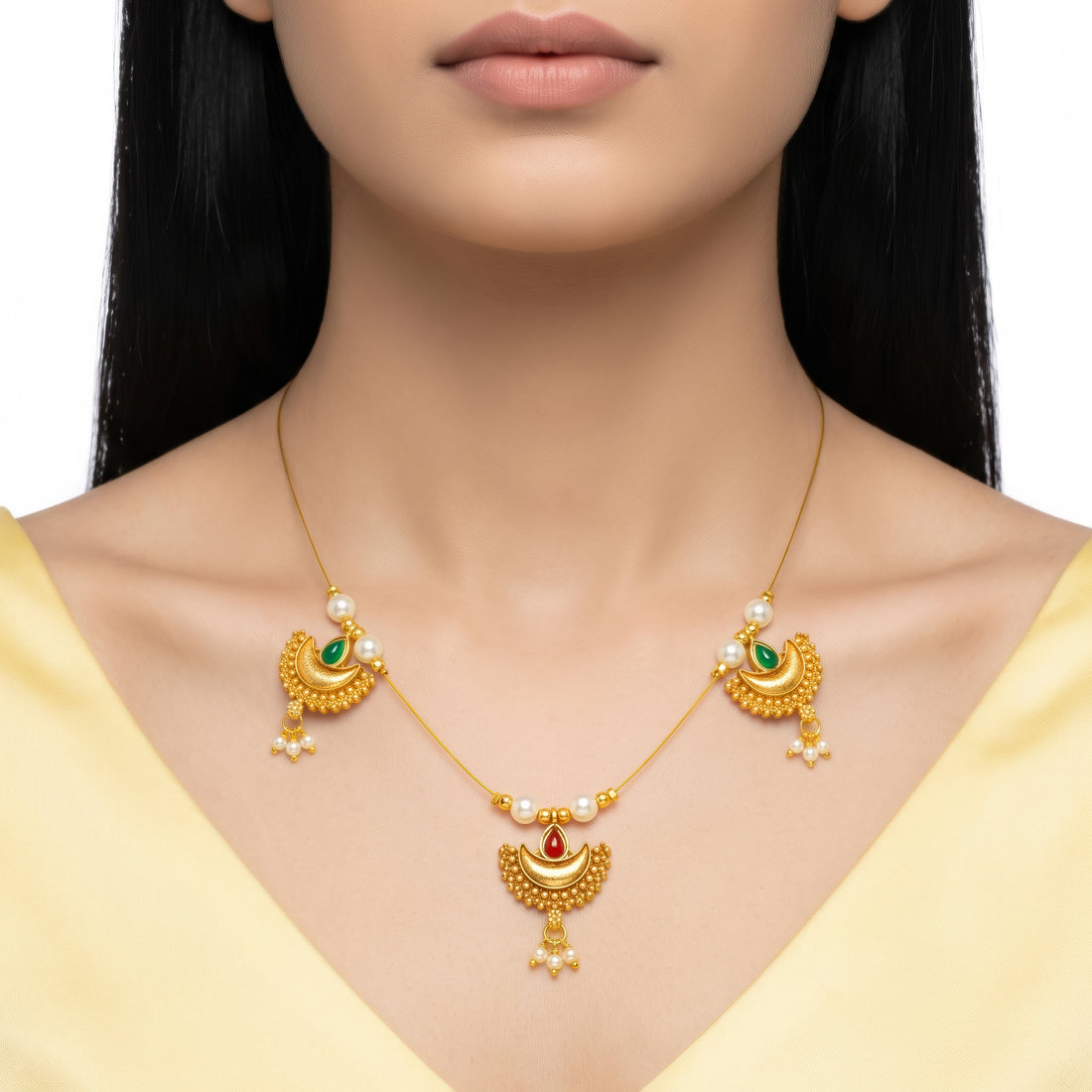 PRAO Necklace Anti-Tarnish Three Crescent Pendant Chain