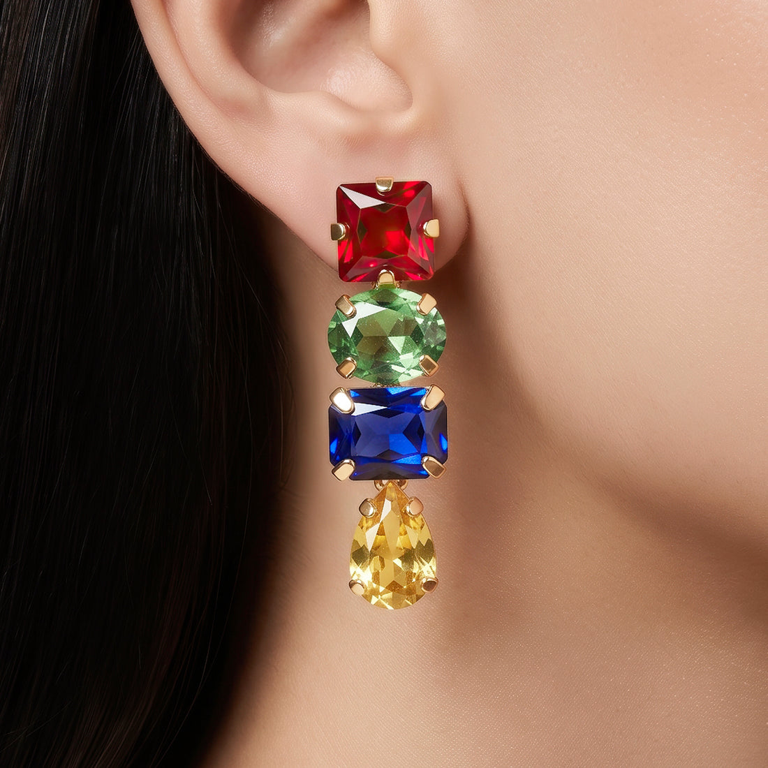 PRAO Earrings Anti-Tarnish Multicolor Crystal Drop