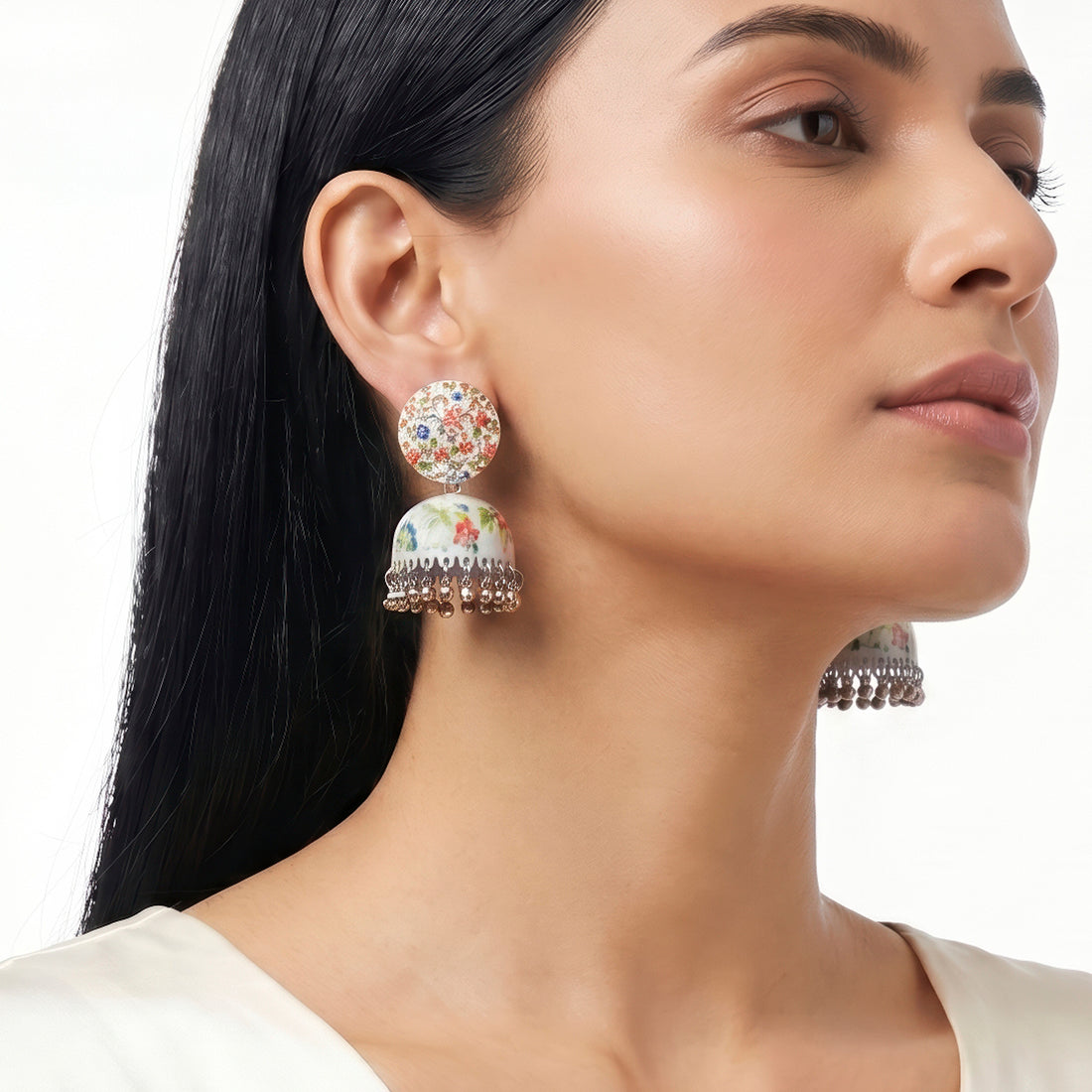 PRAO Earrings Anti-Tarnish White Multi-Color Floral Printed Jhumki